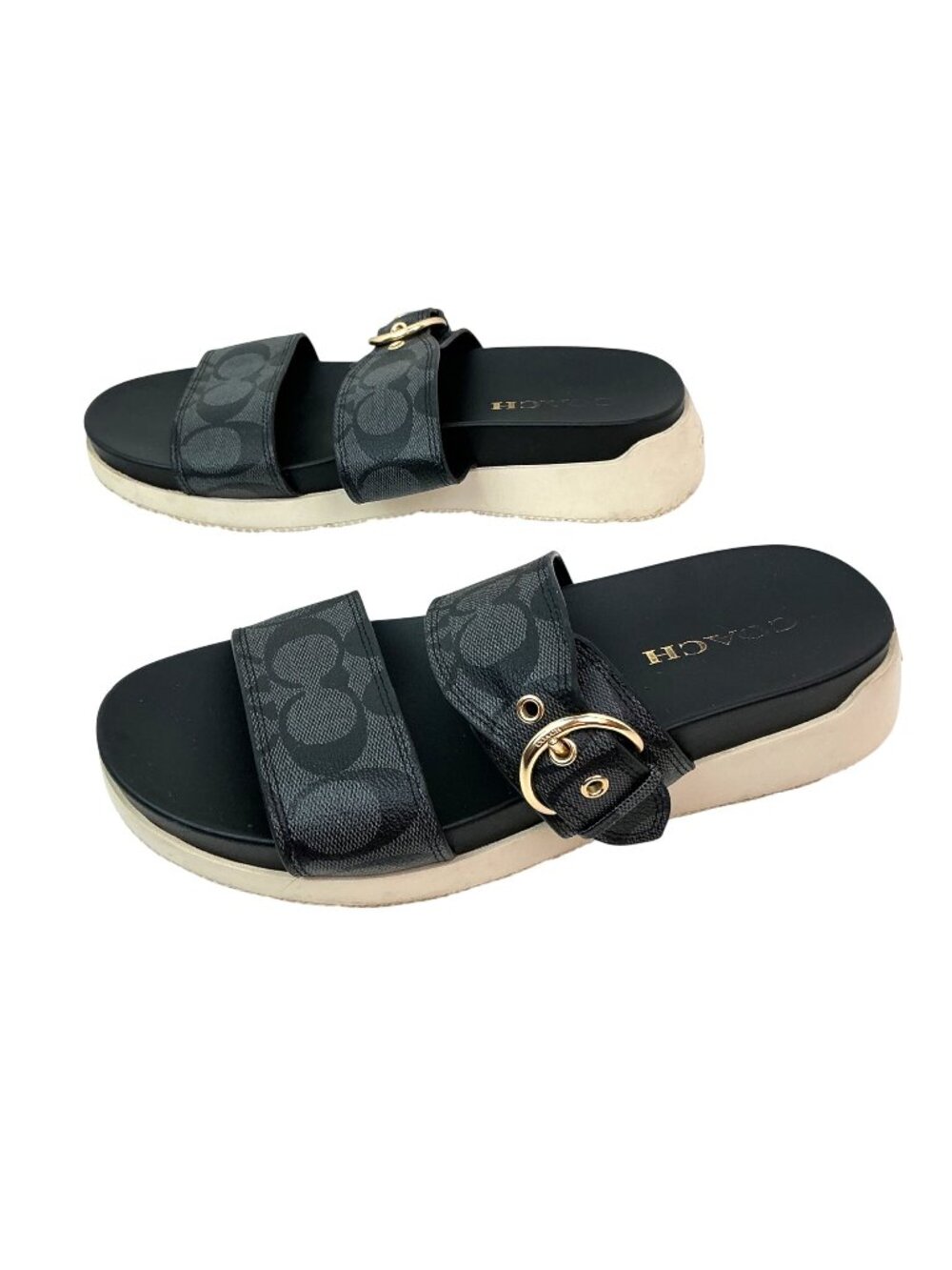 Coach Gwen Signature Double Strap Platform Slide Sandals Womens 7.5B Gold Buckle